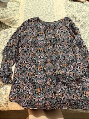 Casual Floral-Print Long-Sleeve Top - Black with Pink & Orange
